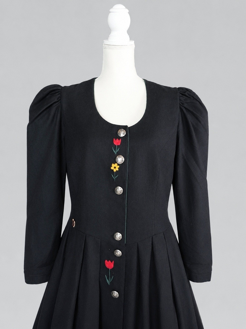Vintage Black Long-Sleeve Button Front Dress with Floral Embroidery, Cottagecore